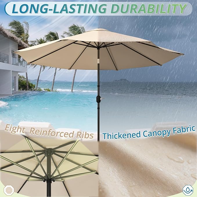 LUE BONA 10FT Patio Umbrella, Waterproof Outdoor Market Umbrella with Easy Crank & Tilt, Patio Table Umbrella for Deck Garden Backyard Pool, Tan