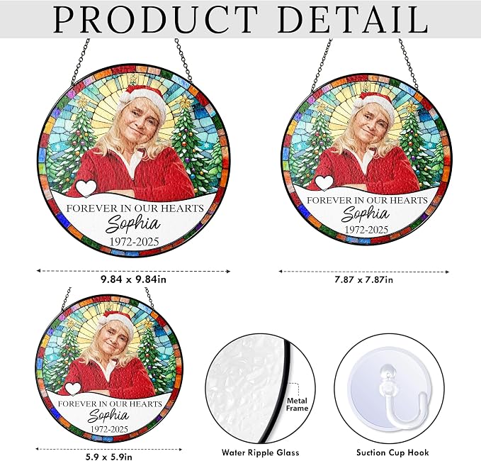 Personalized Memorial Photo Suncatcher – “Forever in Our Hearts” Christmas Ornament – in Loving Memory Gift for Mom or Grandma from Family – Custom Photo Remembrance Keepsake