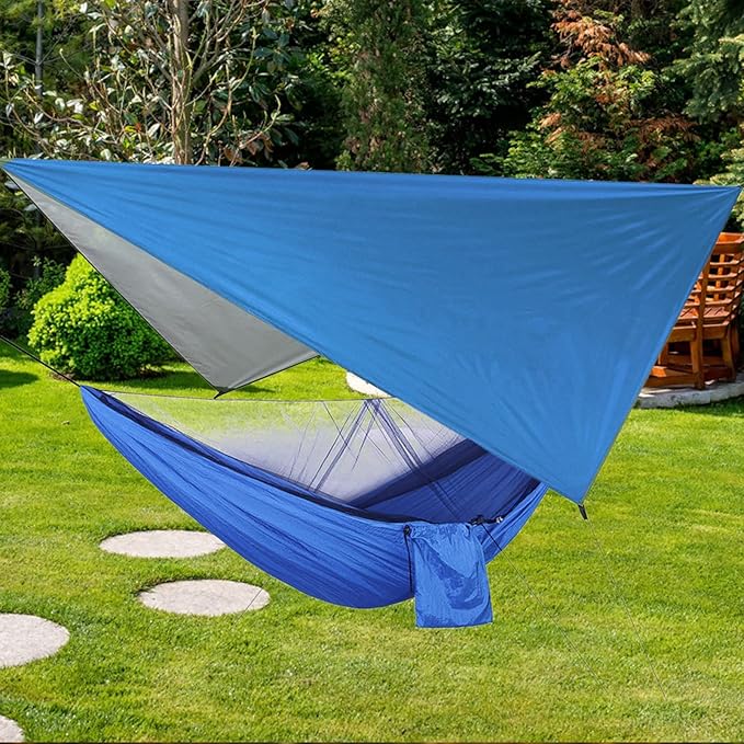 Portable Hammock with Net, Integrated Hanging Hammock for Outdoor Camping Traveling, Canopy to Wind Rain, Sturdy Nylon Fabric Polyester Material, Supports Up to (Blue Sky with Blue Hammock)