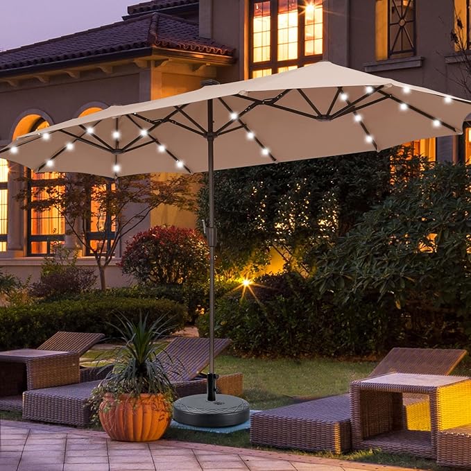 13Ft Large Patio Umbrella with Base Outdoor Double-Sided Market Extra Large Table Umbrella With Solar Lights Easy Crank for Yard, Poolside, Deck-Khaki