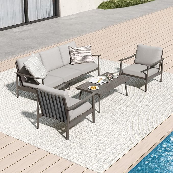 4 Pieces Patio Furniture Set, Aluminum Outdoor Patio Furniture Sets, 2 Armchairs and 3 Seater Couch with Thick Cushion, Patio Conversation Set for Backyard Deck Poolside, Greige & Grey