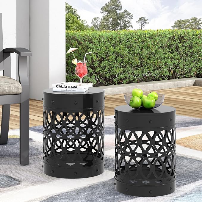 Modern Outdoor Garden Side Table, Set of 2, Black Iron End Tables, Patio & Balcony Plant Stand, Desert Sunset Cutout Design