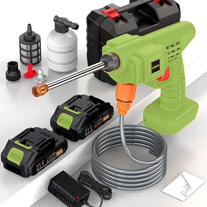 Cordless Pressure Washer, 21V, 2 Batteries, Charger, Hose, Accessories Included, 15000 r/min, Portable Power Washer (Green Water Gun - Toolbox - Powerful Battery*2)