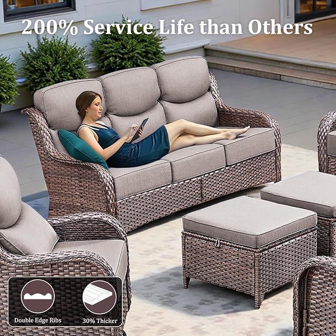71'' Patio Couch Outdoor Wicker Sofa, Heavy Duty All-Weather Rattan 3-Seater Sofa with Deep Seating and Removable Cover, Outdoor Patio Furniture for Deck Porch Sunroom Backyard Brown/Grey