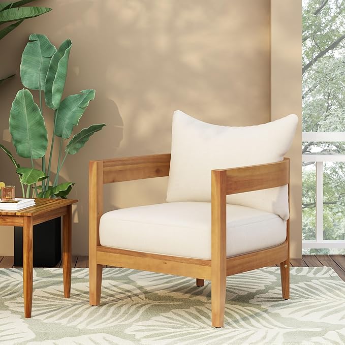 Merax Outdoor Acacia Wood Frame Single Chair with Cushions for Patio,Garden