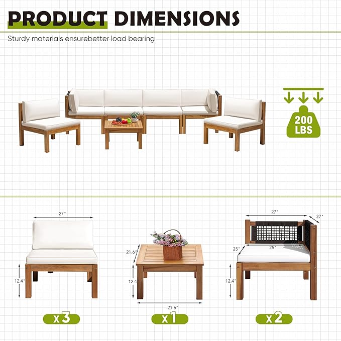 Greesum 7 Piece Outdoor Acacia Sofa Waterproof Cushions and Table, Padded Patio Conversation and Chairs Set for Garden, Backyard, Poolside, Beige