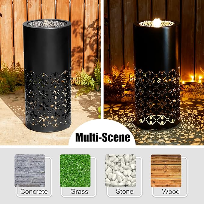 Glitzhome Metal Fountain Outdoor Water Fountain Bird Bath with LED Light, Pump & Adapter, Modern Metal Cutout Flower Water Fountains 24"H, Outside Garden Patio Floor Waterfall for Backyard Porch Decor