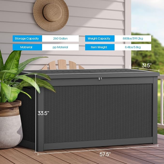 320 Gallon Heavy Duty Deck Storage Box, Extra Large Storage Organizer for Patio Furniture Accessories, Garden Tools, Indoor Storage for Cushion,Black