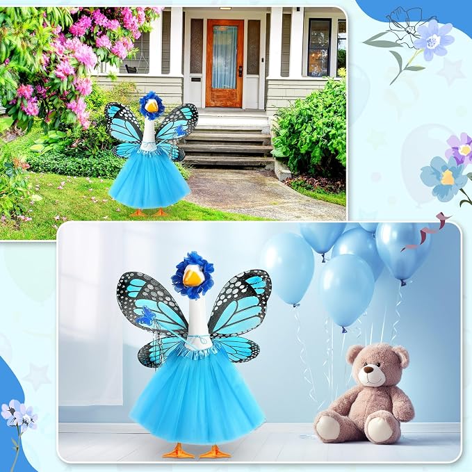 5pcs Butterfly Porch Goose Outfit Costume Tutu Skirt Butterfly Wing Wand Flower Crown for 17‘' 23‘' Cement Goose