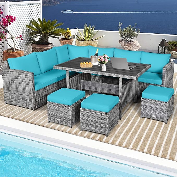HAPPYGRILL 7 Pieces Rattan Wicker Patio Conversation Set, Outdoor Patio Furniture Set with Cushions, Rattan Sofa Set with Dining Table & Ottomans for Poolside Backyard Balcony Garden (Turquoise)