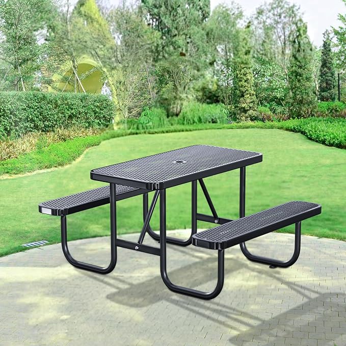 4FT Rectangular Outdoor Picnic Table with Attached Benches, Heavy-Duty Expanded Metal Mesh Patio Table, Commercial-Grade Outdoor Seating for Park, Backyard, Deck, Lawn, Black
