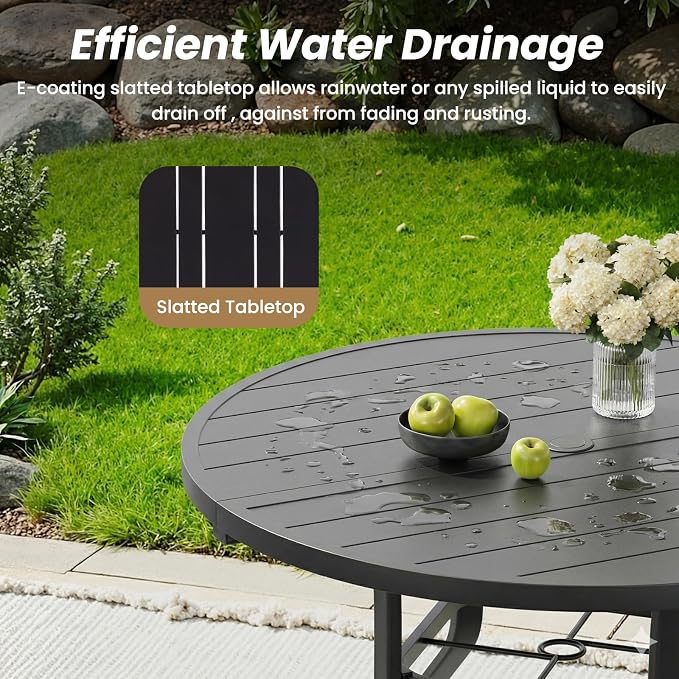 Soohow Outdoor Dining Set for 6, 7-piece Outdoor Patio Dining Set 6 x Stackable Patio Chairs & 1 x Round Table with Umbrella Hole, All-Weather Outside Table and Chairs for Backyard, Balcony, Porch