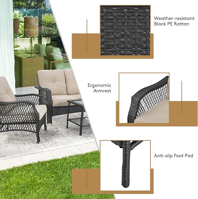 Tangkula 4 Pieces Outdoor Patio Furniture Set, Patiojoy PE Wicker Conversation Sofa Set with Tempered Glass Coffee Table, Sectional Rattan Patio Sofa Set for Garden, Backyard, Poolside (Beige)