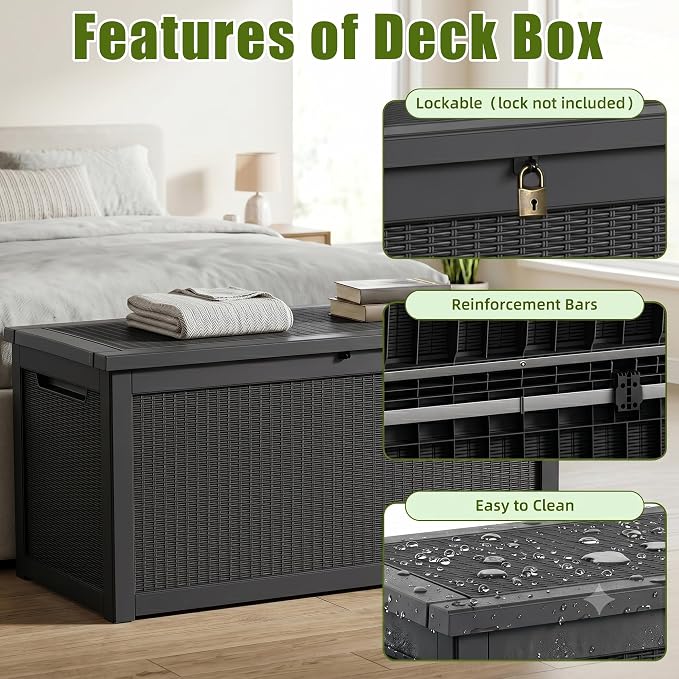 320 Gallon Storage Box, Deck Box, Large Storage Box, Waterproof &Resin with Hydraulic Rods Connected, For Patio, Lawn, Outdoor& Indoor Use Black