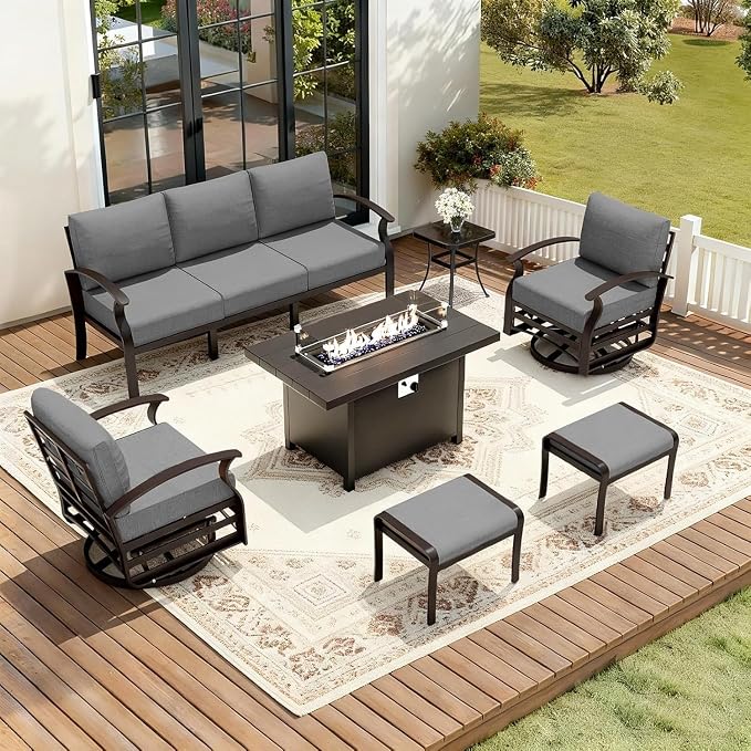 7 seat Patio Sectional Sofas Grey Aluminum Patio Furniture Set Metal Outdoor Furniture with Propane Fire Pit Table Swivel Chairs Ottomans for Porch Backyard Poolside