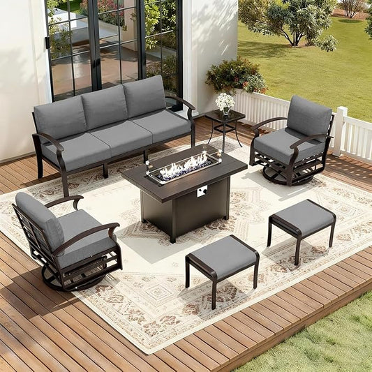 7 seat Patio Sectional Sofas Grey Aluminum Patio Furniture Set Metal Outdoor Furniture with Propane Fire Pit Table Swivel Chairs Ottomans for Porch Backyard Poolside