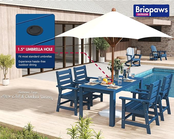 BRIOPAWS Outdoor-Dining-Set | 7 Piece | HDPE | 67" Patio Table and Chairs Sets for 6 | Patio Dinner Furniture | All Weather | Umbrella Hole | for Poolside Deck Backyard Outdoors | Blue
