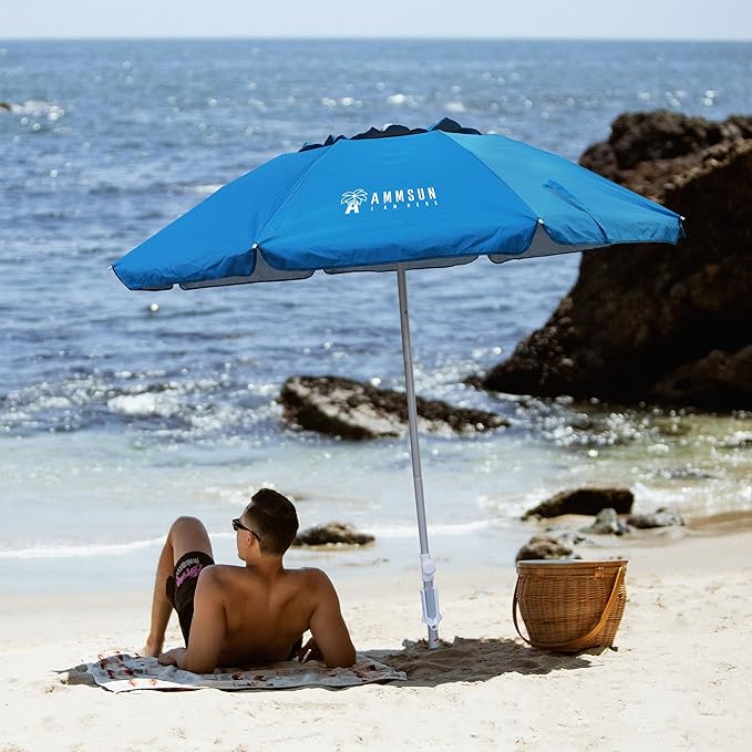 AMMSUN 6.5ft Twice Folded Portable beach umbrella with Sand Anchor Windproof Tilt Pole Air vent UPF 50+ Protection Fits in a large Suitcase Compact For Travel Patio Garden Pool Backyard Sky Blue