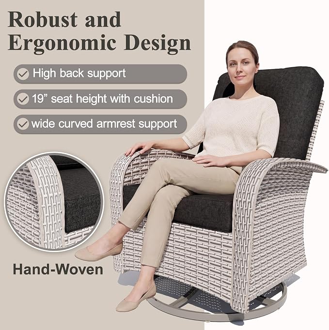 Patio Wicker Chairs Swivel Rocker, Outdoor Swivel Glider Rocker Chairs with Rattan Side Table, All Weather Conversation Set for Porch Poolside Balcony,Black