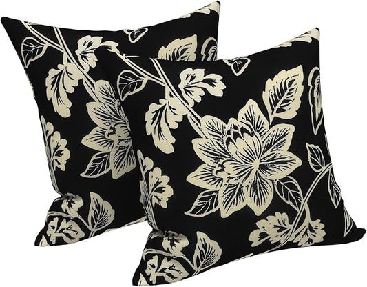 LVTXIII 2 Pack Outdoor Pillows 18x18 Inch, Square Throw Pillows with Inserts, Decorative Water-Repellent Pillow Cushions for Patio Furniture and Garden Sofa, Elegant Vines Black