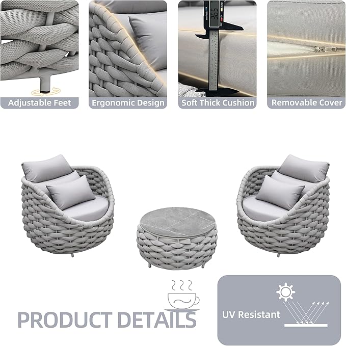 TWT 3 Pieces Aluminum Patio Furniture Set, Hand Woven Textilene Rope Outdoor Sofa Set w/Washable Cushion and Rock Slab Tabletop, Conversation Furniture for Livingroom Poolside Balcony (Grey)