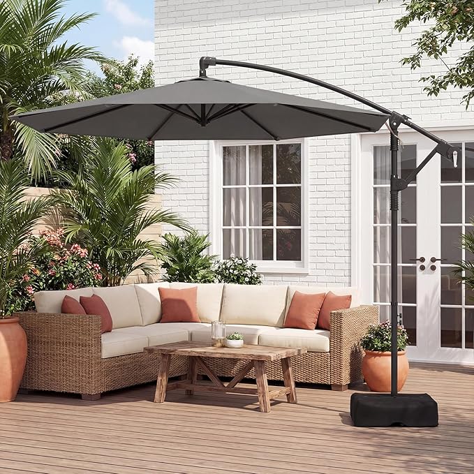 Tangkula 10ft Patio Umbrella with Base Included, Offset Cantilever Outdoor Umbrella with 360 Degree Rotation, Crank Handle, Sun-Protective Canopy for Pool Deck Garden Backyard (Gray)