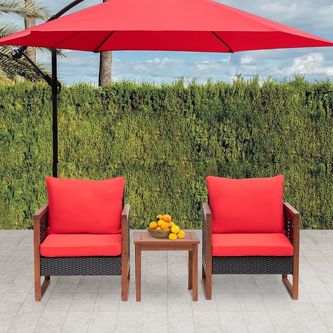 FDW Patio Bistro Set 3-Piece Acacia Wood Outdoor Chat Conversation Table Chair Set Outdoor Wood Chat Set with Water Resistant Cushions and Coffee Table for Beach Backyard Garden,Red Cushion