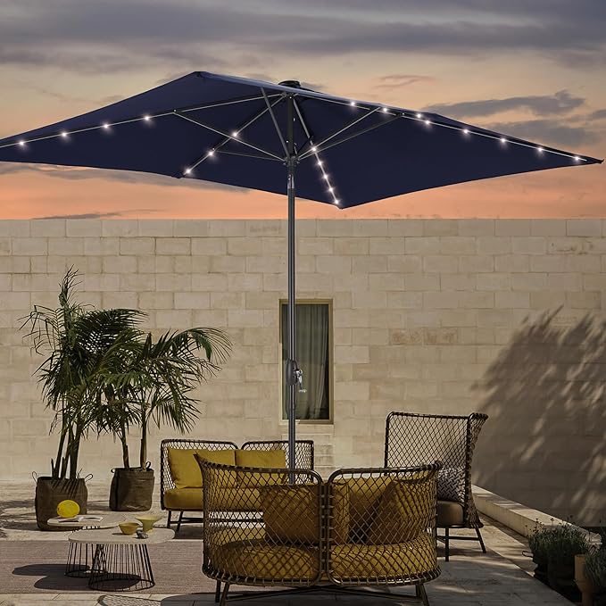 Rectangle Patio Umbrella with Solar Lights, 6x9ft Outdoor Rectangular Table Market Umbrella Patio with Push Button Tilt and Crank for Pool, Deck, Garden,Backyard
