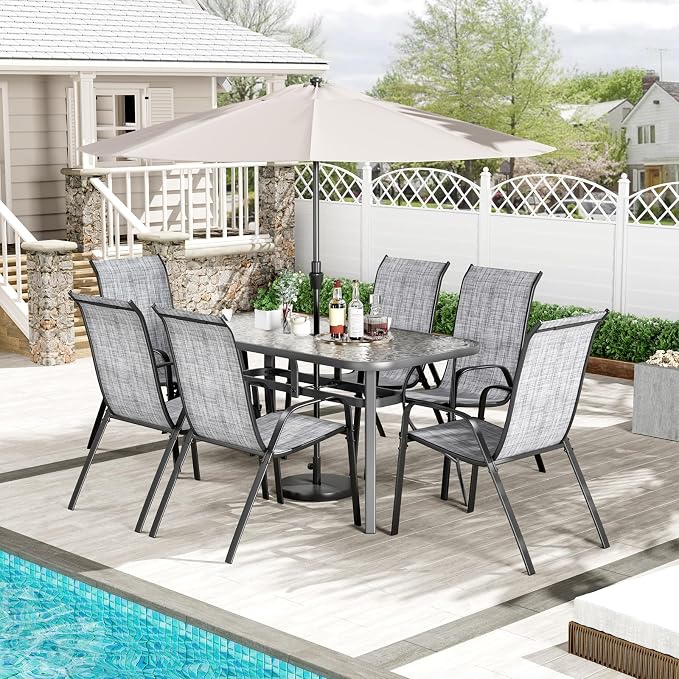 TLSUNNY Patio Dining Set for 6, Outdoor Table and Chairs W/1.69″ Umbrella Hole, 30"X 55" Table and Stackable Textilene Chair, All Weather Patio Furniture Set (Grey Table & Grey Chair)