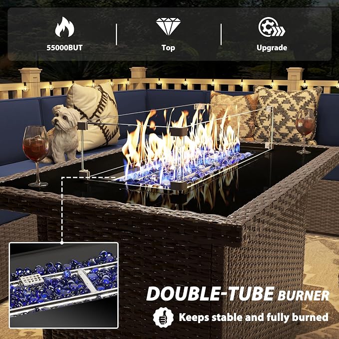 13 Pieces Patio Furniture Set with 44" Propane Gas Fire Pit Table, Outdoor Sectional Wicker Conversation Sofa Sets with Coffee Table