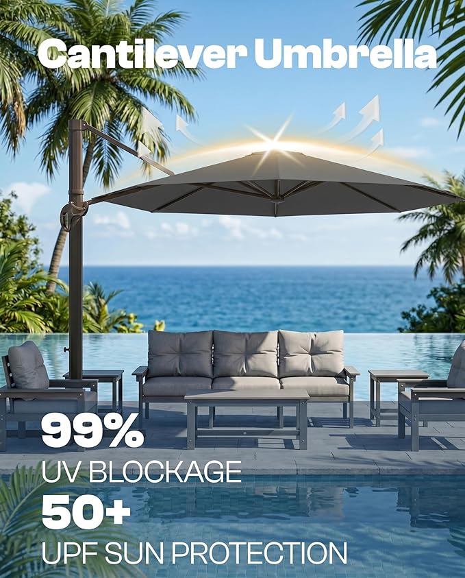 10 FT Round Cantilever Umbrella,Easy Tilt, Fade Resistant & 360° Rotation, Offset for Pool Deck Backyard Patiocharcoal gray (Base not Included)