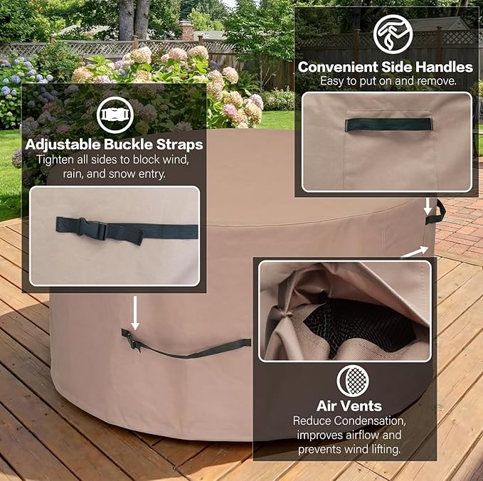 Haige Round Patio Furniture Cover 62" Dia x 34" H, Waterproof Outdoor Table and Chair Set Cover, 600D Heavy Duty Round Patio Table Cover, Windproof with Drawstring & Buckles, Brown
