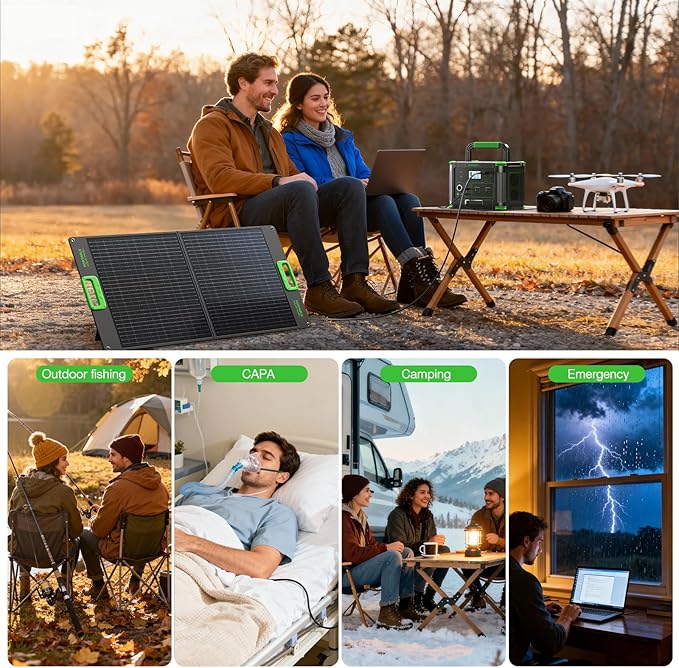 500W Portable Power Station with 100W Foldable Solar Panel, 519.48Wh Outdoor Solar Generator Backup Battery Pack with 2 AC Outlets, for RV, Van, Camping, Climbing, Road Trip & Home Emergency Use