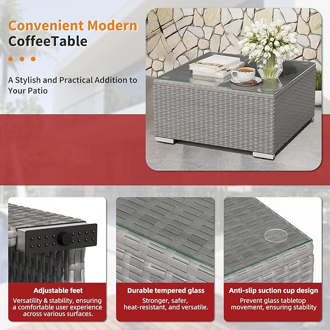 Oakcloud 7-Piece Outdoor Patio Furniture Sofa Set Grey Rattan Wicker Sectional Conversation Sets with Glass Top Table and Cushions(Red)