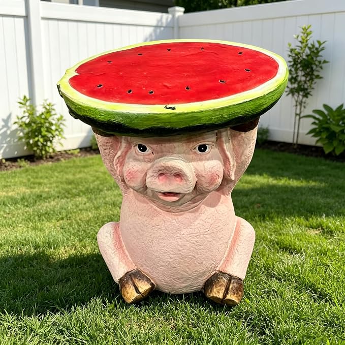 13.4" Cute Pig Side Table w/ Watermelon Top, Resin Plant Stand, Pink+Red | Multi-Functional End Table for Home Garden Patio, Weather-Resistant, Fun Novelty Decor Accent