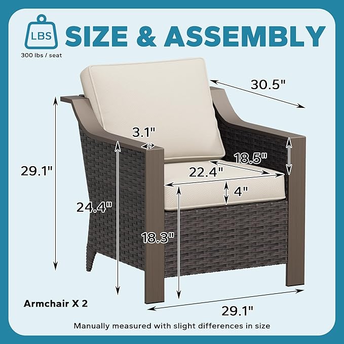 Patio Metal Armchairs Set of 2, Outdoor Conversation Furniture Set, Premium & Washable Cushions, Durable PE Rattan, Metal Armrests with Wood Grain, Backyard (Beige and Brown Stripe)