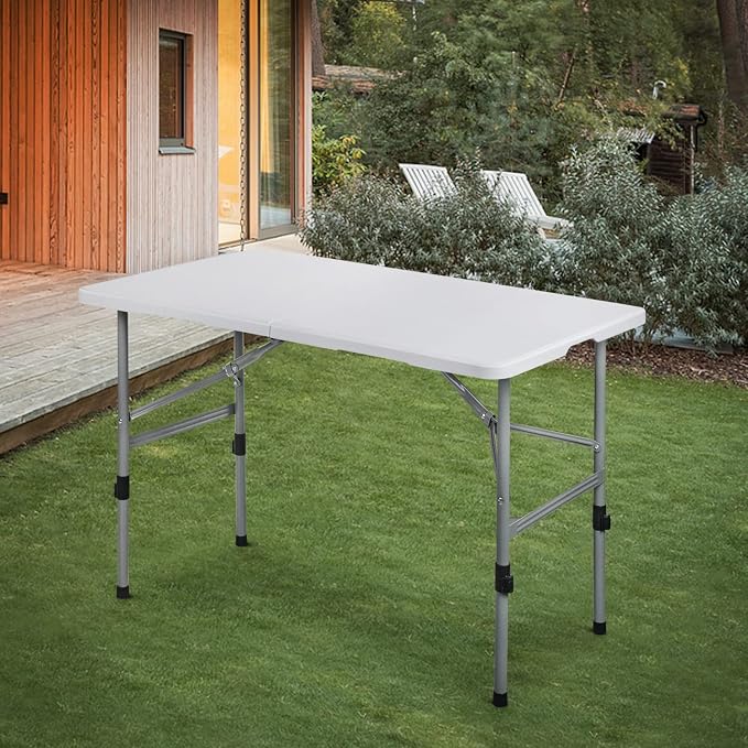 MoNiBloom 4Ft Folding Card Table Set, Outdoor Foldable Portable Plastic Dining Picnic Cookout Table w/Height Adjustable and Handle, Set of 5 White