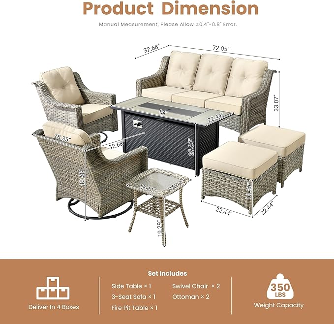 HOOOWOOO Patio Furniture Set,7 Pieces Wicker Outdoor Furniture,High Back Conversation Set with All Weather Resistant Fire Pit Table Couch Swivel Chairs Ottomans,Beige Tan