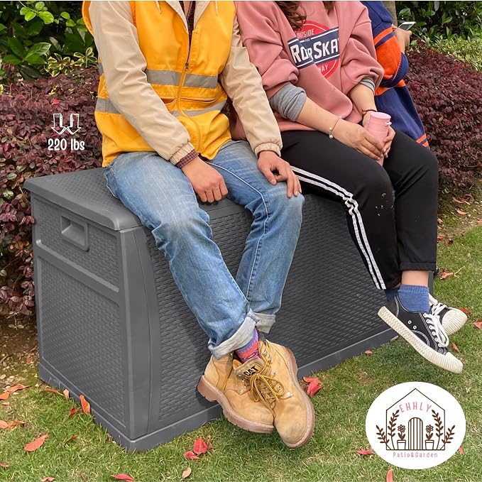 EHHLY 121 Gallon Outdoor Storage Box Large, Lockable Outside Storage Containers Waterproof Patio Cushions Deck Boxes, Rattan Plastic Garden Hose Boxes Resin Pool Storage Bins, Grey