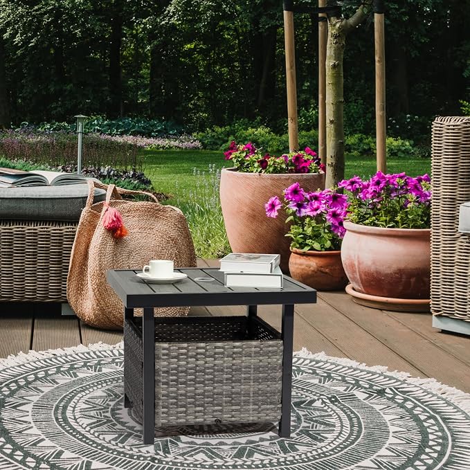Outdoor Wicker Side Table with Umbrella Hole & Storage Space, Square PE Rattan End Table for Patio Garden Poolside Deck
