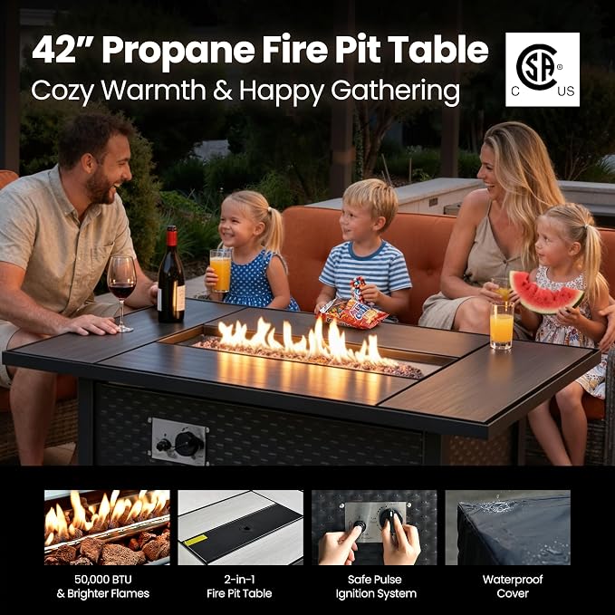 6 Piece Patio Furniture Set with Fire Pit Table, Outdoor Wicker High Back Sofa Chairs Ottoman with Comfy Cushions, Modern Conversation Sets for Backyard Deck Garden Poolside, Bold Orange