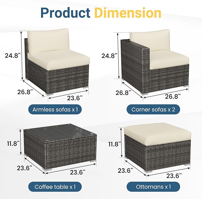 Fansafun Outdoor Patio Furniture Set, 5 Piece Patio Conversation Set, Waterproof Wicker Patio Furniture Set, All Weather Combination Patio Conversation Sets with Cushions and Glass Table, Beige