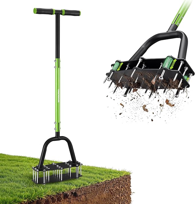 WORKPRO 38” Lawn Aerator Tool with 17 Spikes, Manual Lawn Aerators with Dual-Layer Design, Ergonomic T-Handle, Heavy Duty Manual Grass Aerator for Lawn Aeration, Soil Loosening, and Yard Care