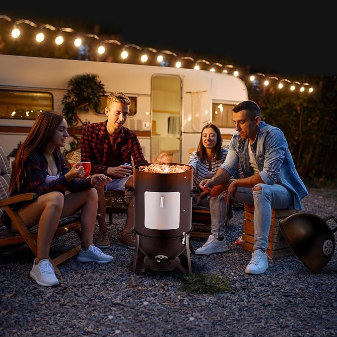 46.8" Vertical Steel Charcoal Smoker Grill,Heavy Duty BBQ Grills,Outdoor Camping Backyard Barbecue Grill,Metal Barbecue Smokers,with Thermometer,for Patio Garden Beach Porch Lawn Yard (Black)