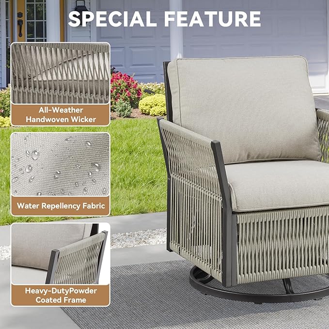 Patio Wicker Chairs Swivel Rocker, Outdoor Swivel Rocking Chairs Set of 2 with Rattan Side Table, 3 Piece Patio Swivel Glider Chair Patio Furniture Sets for Deck Porch Backyard (Beige)