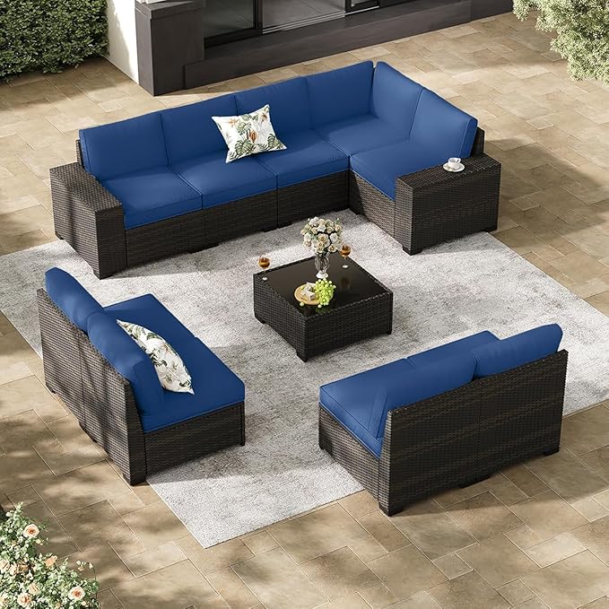 Patio Furniture Set, 10 Pieces Outdoor Couch Sofa with Wider Armrests & Glass Coffee Table, Outdoor Sectional Furniture with Thick Cushions for Party, Poolside,Garden-Navy