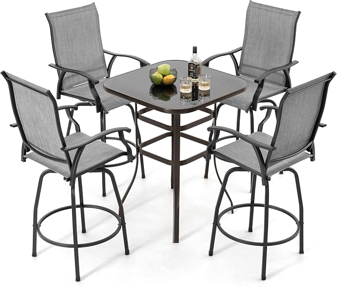 NUU GARDEN 5 PCS Patio Bar Set,Glass Square Table andSwivel Stools