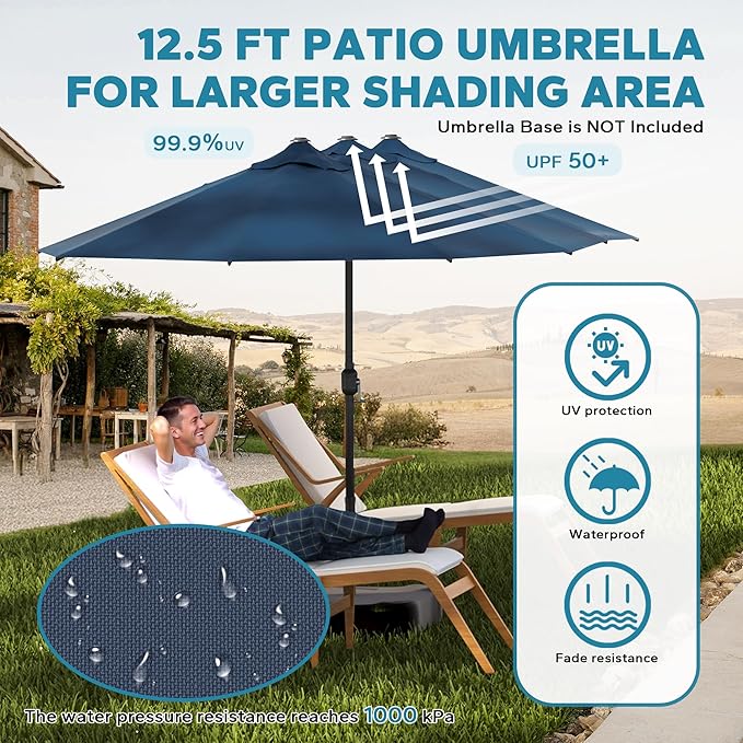 12.5ft Outdoor Patio Double-sided Umbrella with Crank Handle, Large Umbrella for Garden, Poolside, Backyard (Navy)