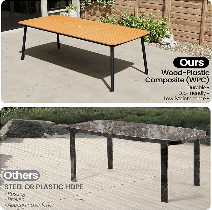 93" Outdoor Dining Table for 10 Brown Patio Dining Table with Umbrella Hole Rectangle Dining Table with Aluminum Frame and Waterproof Wood Grain Tabletop for Lawn Backyard Garden Poolside