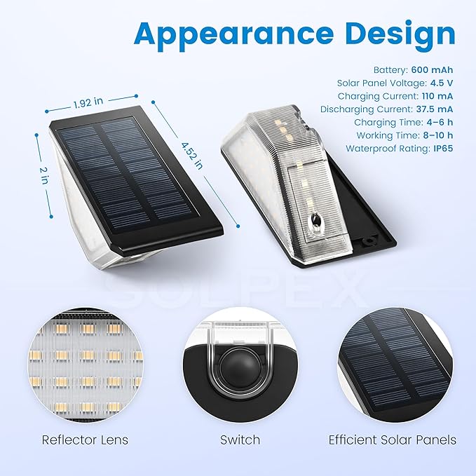 SOLPEX 10 Pack Four-Sided Illumination Solar Step Lights for Outside, Solar Stair Lights Outdoor, Solar Railing Lights Outdoor Waterproof with 33 LEDs for Steps, Stair, Deck, Porch (Cold White)